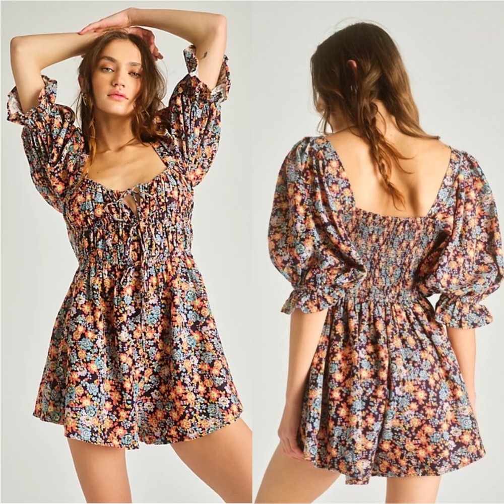 Free People Show Me Love Romper Navy Floral Combo NWT Size L